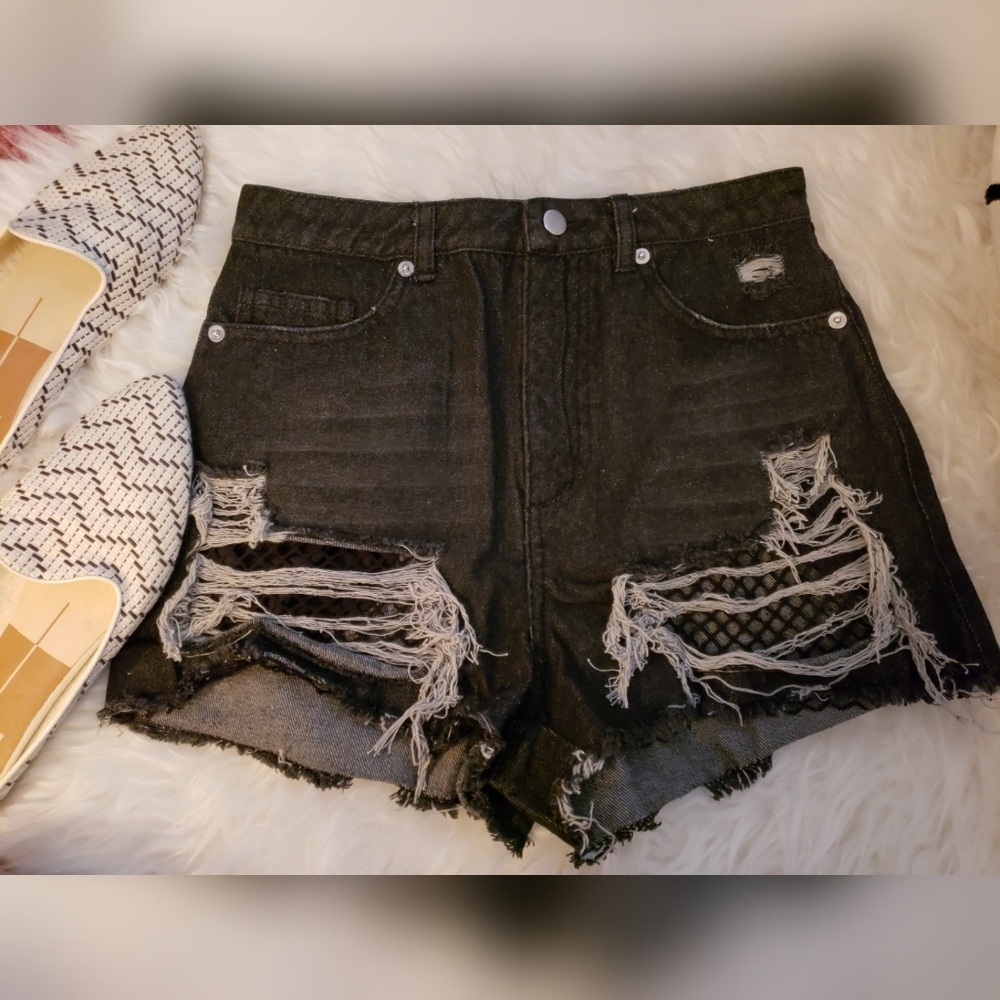Black Distressed High Waisted Denim Short